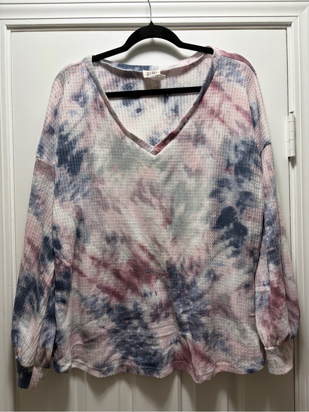 BiBi Pink & Blue Tie-Dye V-Neck Waffle Long Sleeve Top